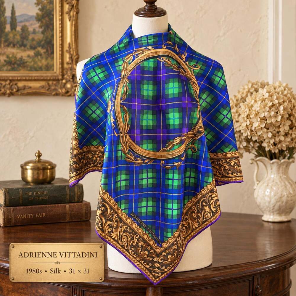 Vintage Adrienne Vittadini 1980s Silk Tartan Scarf Blue Green 31x31